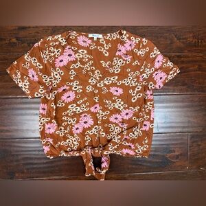 Madewell Tie Front Top, Medium, Brown Floral Cropped Blouse